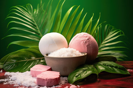 Salt bombs on a colorful background with real tropical leaves for a spa bath still lifeの素材