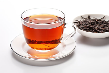 Tea filled glass cup isolated white backgroundの素材
