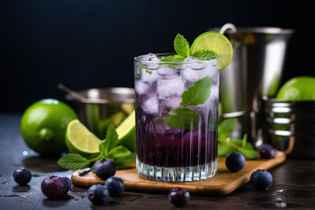 Summer blueberry mojito cocktail with rum mint lime ice bar tools gray background selective focusの素材