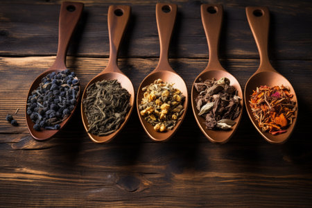 Tea spoons with various dry tea on a wooden backgroundの素材