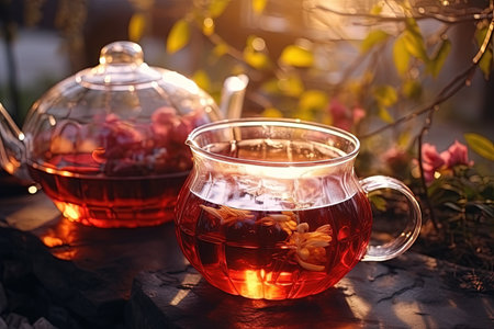 Tea ceremony in the park pouring tea from a glass teapot into cups creates a tranquil ambianceの素材