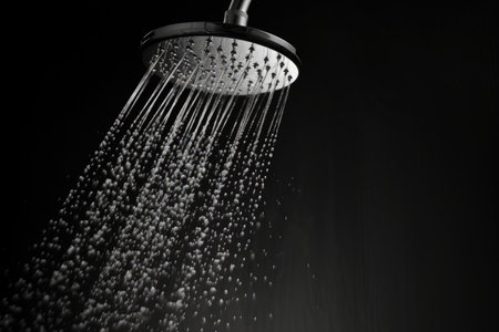 Stop motion footage of water droplets flowing from a showerhead in a bathroom against a black backgrの素材