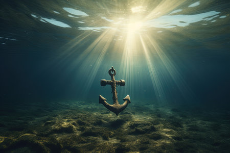 Underwater photo of submerged Anchor with rays of lightの素材