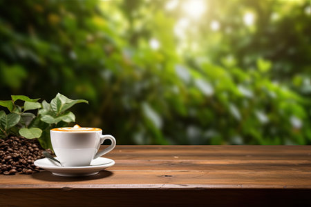 Warm tone wood table garden coffee espresso in nature backgroundの素材