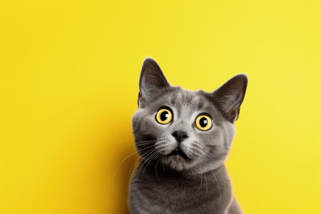 Surprised gray cat on yellow background with space for ads funny cat expressionの素材