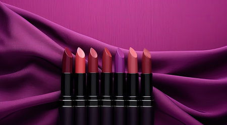 Text on purple fabric enhancing presentation of stylish lipsticksの素材
