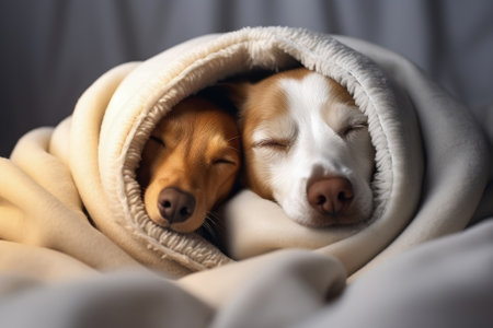 Two affectionate dogs snuggled up under a cozy blanket in bedの素材