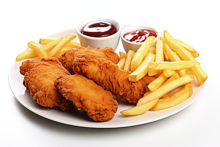 Unhealthy fried chicken meal with fries and nuggets on white backgroundの素材