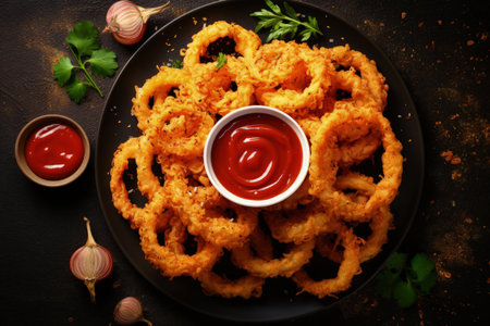 View from above of onion rings and ketchup on dark surfaceの素材