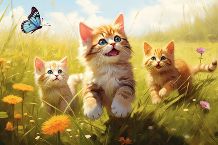 Three cats play in a sunny meadow catching a blue butterflyの素材