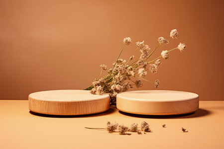Two circular wooden podiums displaying cosmetics and body care products on a neutral background withの素材