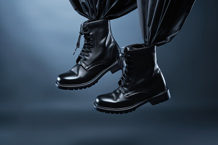 Studio still life of fashionable black boots in the airの素材