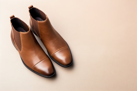 Trendy brown boots on beige background Copy space top view Fashionable urban lifestyleの素材