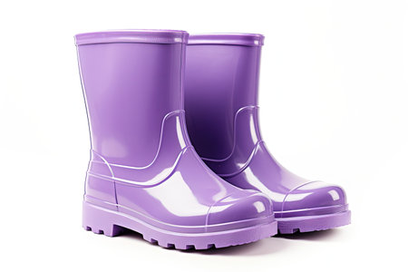 Violet waterproof rubber rain boots for children isolated on a white backgroundの素材