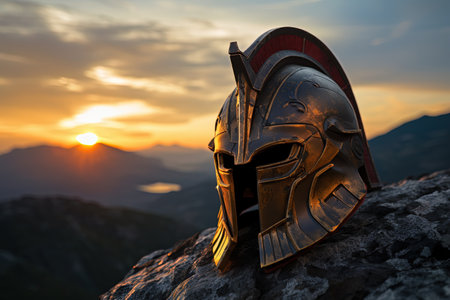 Spartan helmet on rocky backdrop sunset skyの素材