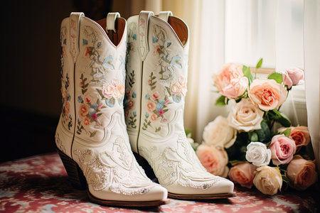 Wedding dress complemented by white cowboy boots embellished with floral embroideryの素材