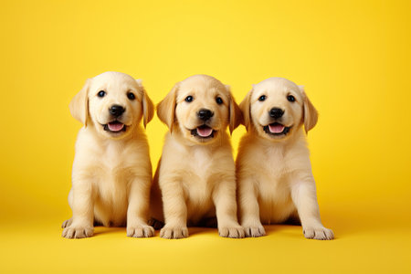 Three puppies yellow background smilingの素材