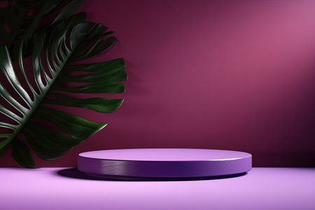 Unoccupied podium for displaying products with plant and shadow on a purple backgroundの素材