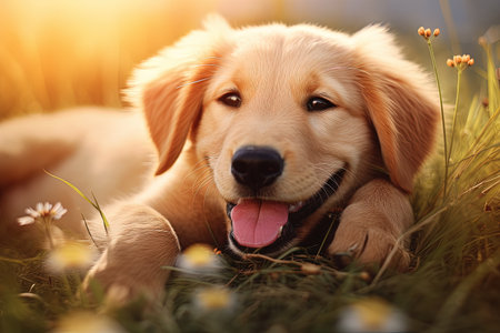 Website banner with a contented puppy lying on grassの素材