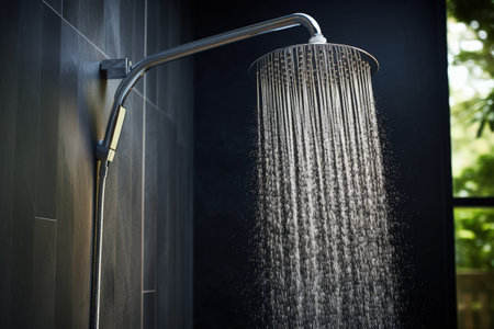 Water flowing from shower head in bathroomの素材