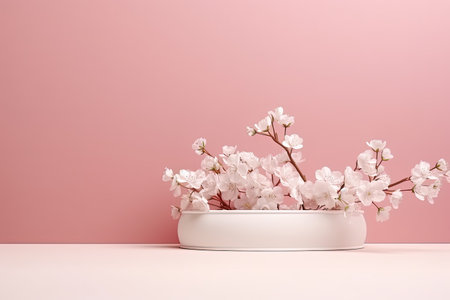 Unadorned pink background embellished with flower adorned empty stands Cosmetic or beauty promotionsの素材