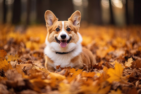 Welsh corgi pembroke happily among autumn leavesの素材