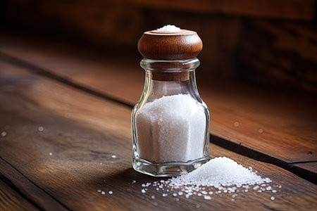 Vintage salt shaker close up shot selective focus on wooden backgroundの素材