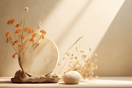 Small stone and flower display with sunlight from window on cream backgroundの素材