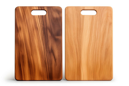 Two isolated wooden chopping boards for serving various foods like pizza steak or cheeseの素材
