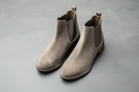 Women s brown suede chelsea boots top view on gray backgroundの素材