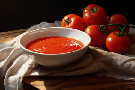 White bowl on table with tomato sauceの素材