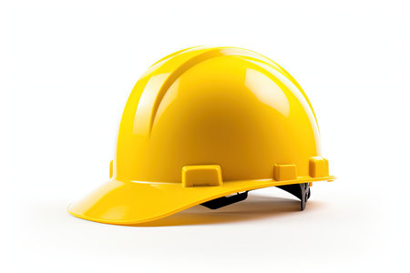 Yellow protective headgear alone on white backdropの素材