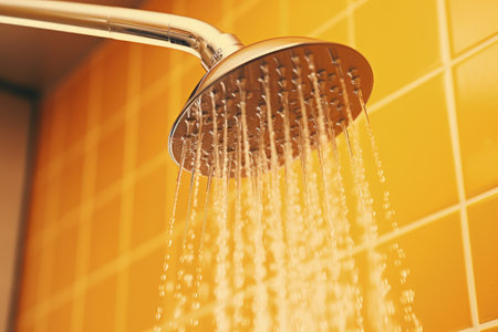 Yellow bathroom with flowing water drops from shower head in close upの素材