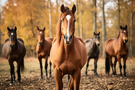 Autumn photo of brown young stallions in a corral farmの素材