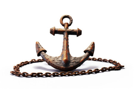 Antique sea anchor rusty ship anchor realistic steel rings shadow isolated on white Symbol of sea trの素材