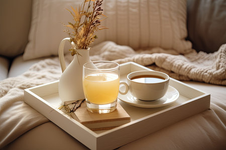 Autumn or winter themed cozy living room with breakfast on a coffee table and home interior detailsの素材