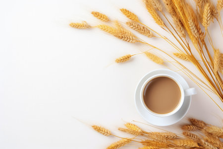 Autumn composition with beige reeds and branches coffee cup on white background Fall concept Top vieの素材