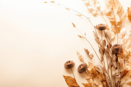 Autumnal botanical still life with dry flowers seeds and sun glare on a beige backgroundの素材