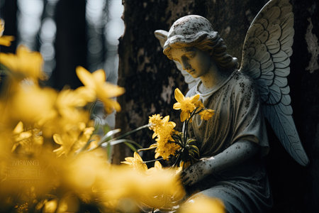 Angelic yellow blooms adorn a burial siteの素材