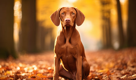 Autumn foliage surrounds an exquisite Vizsla canineの素材