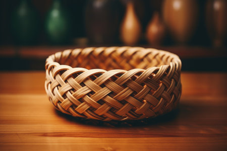 Bamboo basket with braids placed on wooden backdropの素材