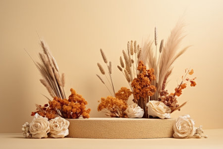 Autumn themed podium adorned with wooden elements and dried flowers set against a beige backgroundの素材