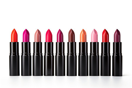 Assorted lipsticks on white backdrop individually photographedの素材