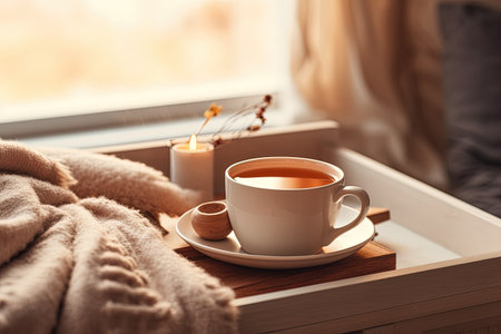 Autumn or winter coziness portrayed in a living room with still life decor sweaters steamy tea on aの素材