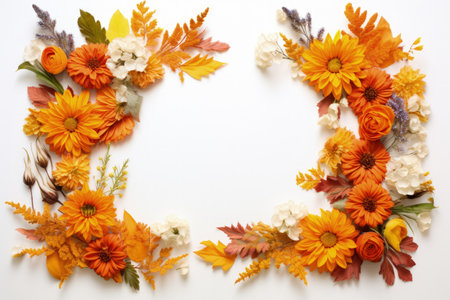 Autumn still life Floral and leaf arrangement on white Overhead view blank areaの素材