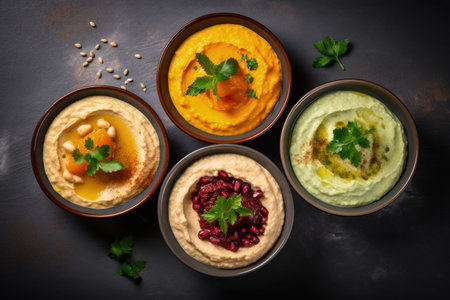 Assorted Middle Eastern meze with vibrant hummus vegan dips and pita bread Snack set with space forの素材