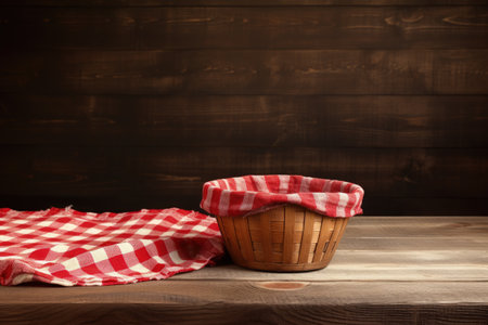 Basket empty tablecloth checked wooden table grunge backgroundの素材