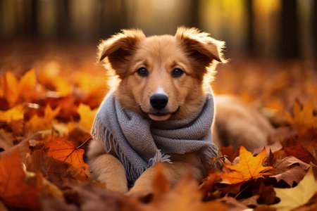 Autumn leaves and a scarf envelop a mixed breed dog restingの素材