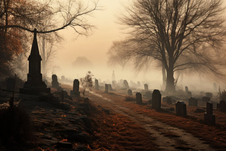 Autumn fog covers the cemeteryの素材