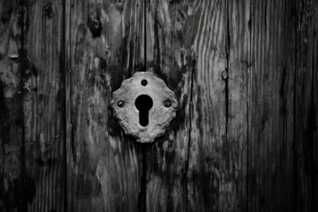 Black and white photo of keyhole on wooden doorの素材